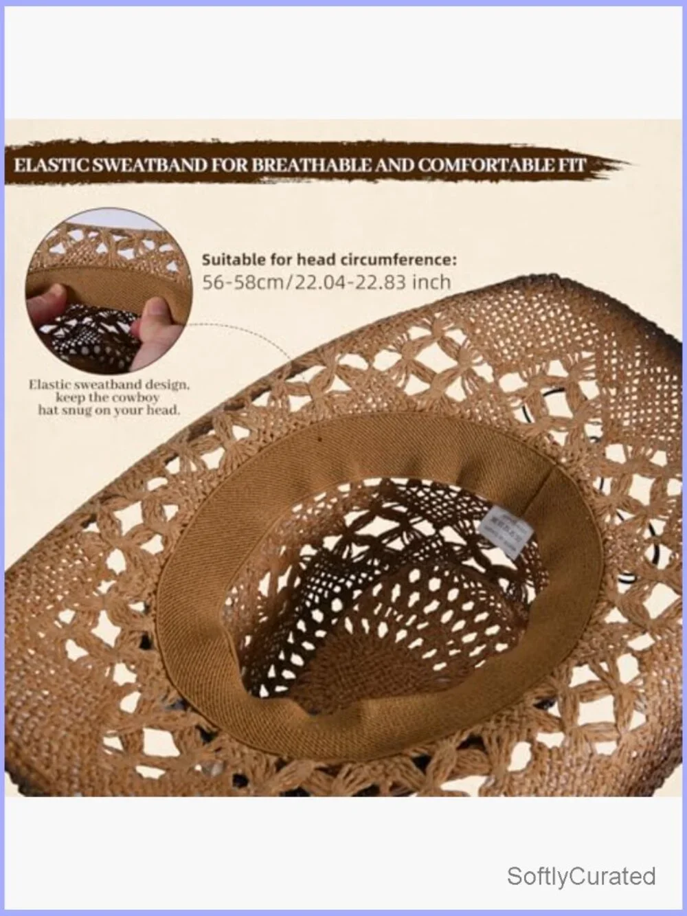 Straw Cowboy Hat with Wide Brim - Medium Size for Adults Summer Western Hat - Picture 4 of 7